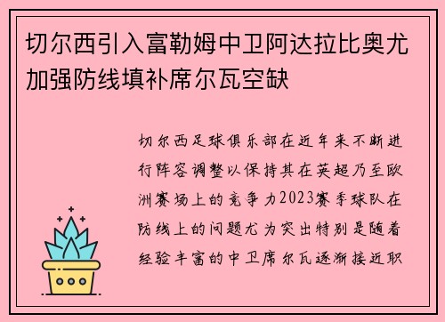 切尔西引入富勒姆中卫阿达拉比奥尤加强防线填补席尔瓦空缺 切尔西引入富勒姆中卫阿达拉比奥尤加强防线填补席尔瓦空缺