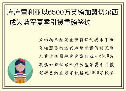 库库雷利亚以6500万英镑加盟切尔西 成为蓝军夏季引援重磅签约